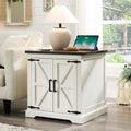 Farmhouse End Table with Charging Station,24" Large Sofa Side Table with Barn Door, Rustic Wood Square Nightstand Bedside Table with Adjustable Shelf for Living Room, Bedroom,White
