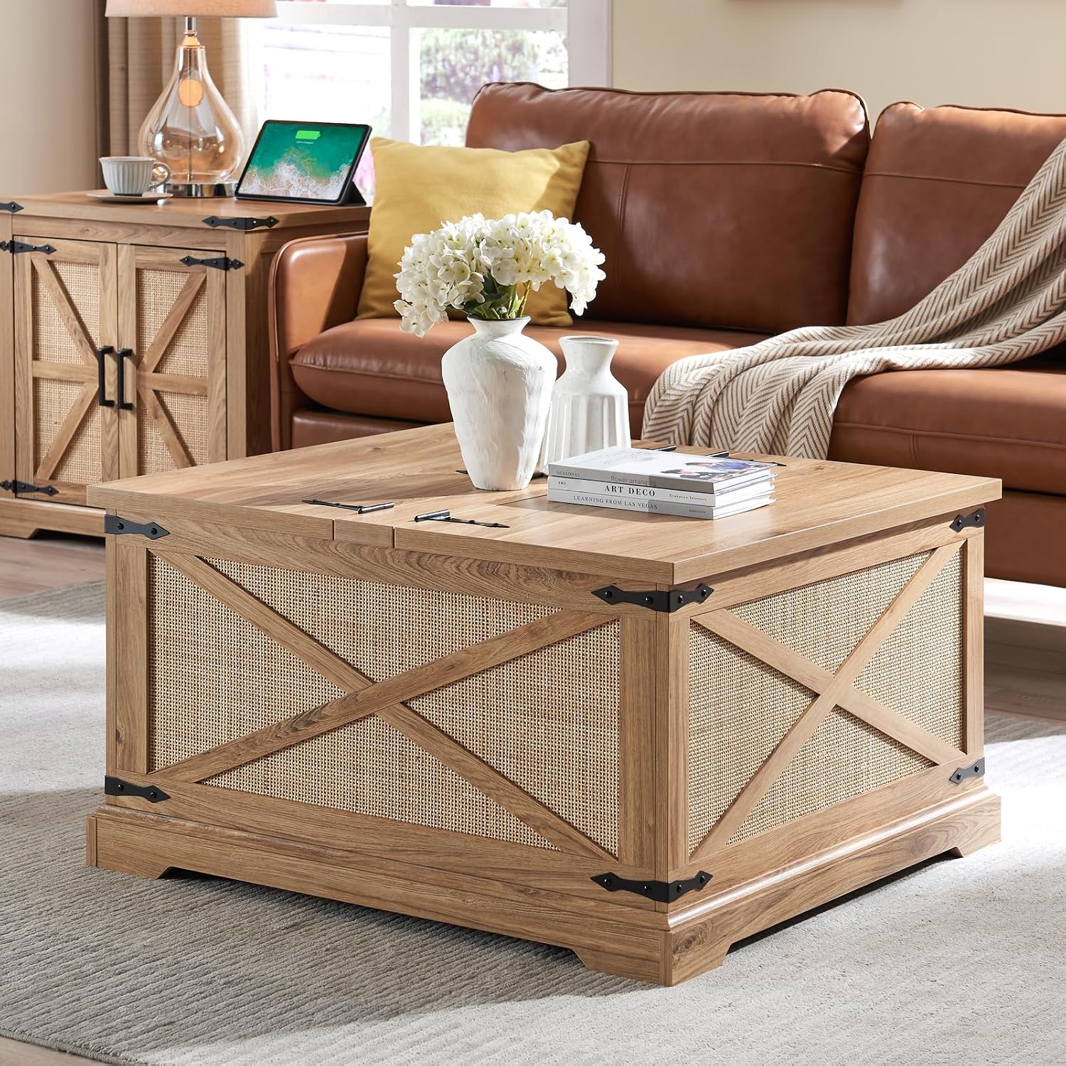 Farmhouse Square Coffee Table with Storage,  Rattan Wood Center Table with Hinged Lift Top, Rustic Cocktail Table with Large Hidden Storage Compartment for Living Room, Bedroom