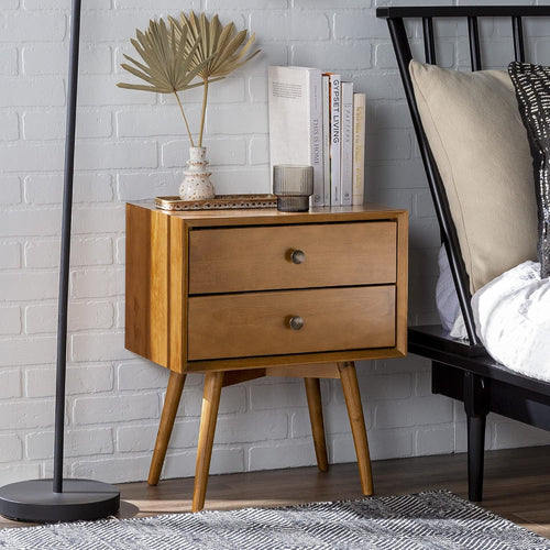 Mid Century Modern Wood Nightstand Side Table Bedroom Storage Drawer Bedside End Table, 2 Drawer, Caramel